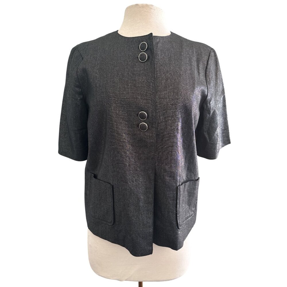 WD·NY Metallic Linen Blend Short Sleeve Jacket Women’s Size 10 Black Shimmer Ope